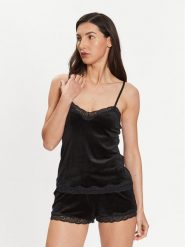 Hunkemöller Koszulka piżamowa Scallop 185927 Czarny Basic Fit. Czarne koszule nocne damskie Hunkemöller, bez wzorów, z syntetyku, bez ramiączek. Za 69.99 zł.