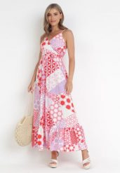 Różowa Sukienka Maxi na Ramiączkach w Fantazyjny Nadruk Erlavi. Czerwone sukienki damskie Born2be, m, bez wzorów, bez kołnierzyka, bez ramiączek, maxi. Za 64.99 zł.