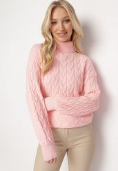 Różowy Sweter z Golfem w Warkoczowy Splot ze Ściągaczami Maraiwai. Czerwone swetry nierozpinane damskie Born2be, na jesień, bez wzorów, ze splotem, bez kołnierzyka, bez ramiączek. Za 109.99 zł.