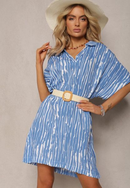 Niebieska Pudełkowa Sukienka z Lnu i Bawełny z Kołnierzem Umstalia. Niebieskie sukienki damskie Renee, na co dzień, na lato, l, bez wzorów, z bawełny, klasyczne, bez kołnierzyka, bez ramiączek, kopertowe. Za 89.99 zł.