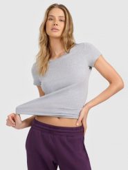 4F T-shirt slim gładki damski M. Szare t-shirty damskie 4F, m, bez wzorów, z bawełny, biznesowe, bez kołnierzyka, bez ramiączek. W wyprzedaży za 29.99 zł.
