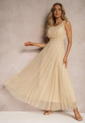 Beżowa Koktajlowa Sukienka z Tiulowym Dołem Bez Rękawów Elastar. Brązowe sukienki damskie Renee, na wesele, m, bez wzorów, z tiulu, eleganckie, bez kołnierzyka, bez ramiączek, maxi. Za 89.99 zł.