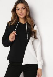 Czarna Bluza z Bawełny z Asymetrycznym Wzorem i Kapturem Revea. Czarne bluzy damskie Born2be, bez wzorów, z bawełny, casualowe, bez ramiączek, z kapturem. Za 89.99 zł.