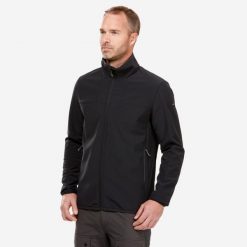 Kurtka softshell turystyczna męska Quechua MT100. Czarne kurtki męskie FORCLAZ, l, bez wzorów, z polaru, bez kaptura, trekkingowe. Za 199.99 zł.