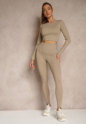 Beżowy Komplet Sportowy Legginsy i Top Typu Longsleeve Dorotia. Brązowe legginsy damskie Renee, m, bez wzorów, długie, trekkingowe. Za 109.99 zł.