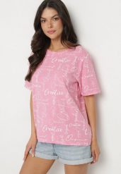Różowy T-shirt Oversize z Bawełny Zdobiony Nadrukiem Sinelra. Czerwone t-shirty damskie Born2be, m, z aplikacjami, z bawełny, eleganckie, bez kołnierzyka, bez ramiączek. Za 39.99 zł.