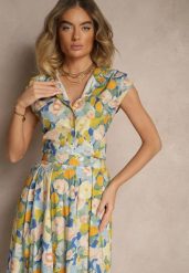 Niebiesko-Żółta Koszula z Bawełny w Kwiaty Natilea. Niebieskie koszule damskie Renee, l, bez wzorów, z bawełny, eleganckie, bez kołnierzyka, bez ramiączek. Za 69.99 zł.