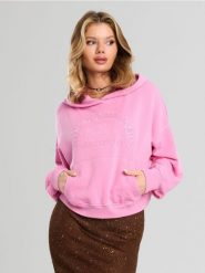 Bluza hoodie z haftowanym napisem - różowy. Czerwone bluzy damskie Sinsay, l, bez wzorów, bez ramiączek, bez kaptura. Za 49.99 zł.