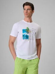 4F T-shirt regular z nadrukiem męski - biały XL. Białe t-shirty męskie 4F, m, bez wzorów, z bawełny, bez kołnierzyka, bez ramiączek. W wyprzedaży za 49.99 zł.