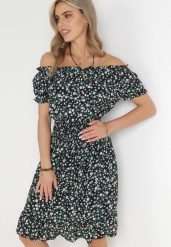 Czarna Bawełniana Sukienka Hiszpanka w Kwiaty z Marszczoną Gumką w Talii Rosaliya. Czarne sukienki damskie Born2be, l, bez wzorów, z bawełny, bez kołnierzyka, bez ramiączek, midi. Za 34.99 zł.