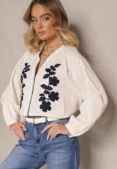 Beżowa Koszula z Bawełny o Kroju Oversize Ozdobiona Haftem w Kwiaty Felvesia. Brązowe koszule damskie Renee, l, bez wzorów, z bawełny, eleganckie, bez kołnierzyka, bez ramiączek. Za 84.99 zł.