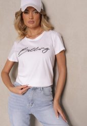 Biały T-shirt z Bawełny z Napisem Zelreti. Białe t-shirty damskie Renee, m, bez wzorów, z bawełny, eleganckie, bez kołnierzyka, bez ramiączek. Za 39.99 zł.