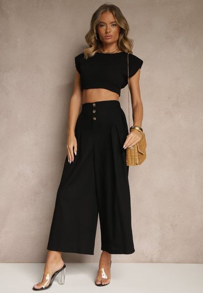 Czarne Spodnie Culottes High Waist z Bawełny Zdobione Guzikami Izuma. Czarne spodnie materiałowe damskie Renee, z aplikacjami, z bawełny, eleganckie, z podwyższonym stanem. Za 79.99 zł.
