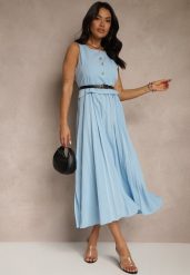 Niebieska Plisowana Sukienka o Rozkloszowanym Kroju Bez Rękawów z Paskiem z Klamrą Iffule. Niebieskie sukienki damskie Renee, na spotkanie biznesowe, m, bez wzorów, eleganckie, bez kołnierzyka, bez ramiączek, maxi, rozkloszowane. Za 99.99 zł.