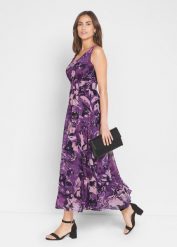 Długa sukienka szyfonowa. Fioletowe sukienki damskie bonprix, bez wzorów, z szyfonu, eleganckie, bez kołnierzyka, bez ramiączek, maxi, dopasowane. Za 179.99 zł.
