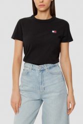 TOMMY JEANS Czarny damski t-shirt z małym logo. Czarne t-shirty damskie Tommy Jeans, s, bez wzorów, z jeansu, bez kołnierzyka, bez ramiączek. W wyprzedaży za 99.99 zł.