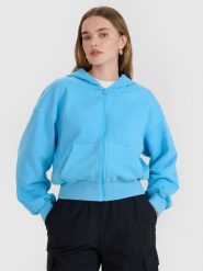 4F Bluza dresowa rozpinana z kapturem damska - niebieska S. Niebieskie bluzy damskie 4F, l, bez wzorów, z bawełny, klasyczne, bez ramiączek, z kapturem. W wyprzedaży za 99.99 zł.