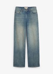 Dżinsy z szerokimi nogawkami, high waist. Niebieskie jeansy damskie bonprix, bez wzorów, z bawełny, z podwyższonym stanem. Za 127.99 zł.