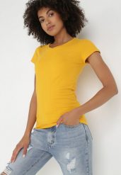 Żółty T-shirt Nysalphia. Żółte t-shirty damskie Born2be, l, bez wzorów, z bawełny, klasyczne, bez kołnierzyka, bez ramiączek. Za 29.99 zł.
