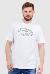 DIESEL Biały t-shirt męski z wytłaczanym logo. Białe t-shirty męskie Diesel, l, bez wzorów, prążkowane, bez kołnierzyka, bez ramiączek. W wyprzedaży za 299.99 zł.