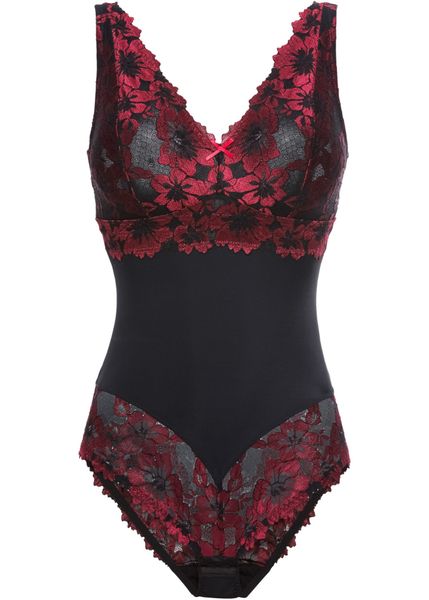 Body bez fiszbinów z koronką w kwiaty. Czarne body bonprix, bez wzorów, z koronki. Za 139.99 zł.