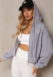 Szara Bluza Rozpinana z Wyszytą Emotką i Kapturem Cornoria. Szare bluzy damskie Renee, l, bez wzorów, z dzianiny, bez ramiączek. Za 49.99 zł.