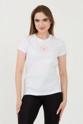EMPORIO ARMANI Biały t-shirt Uni Logo Printe. Białe t-shirty damskie Emporio Armani, xs, bez wzorów, bez kołnierzyka, bez ramiączek. W wyprzedaży za 178.99 zł.
