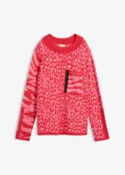 Sweter z cienkiej dzianiny ze zwierzęcym nadrukiem. Zielone swetry nierozpinane damskie bonprix, bez wzorów, z dzianiny, bez kołnierzyka, bez ramiączek. Za 169.99 zł.