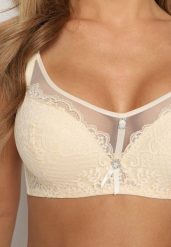 Beżowy Biustonosz Push-Up z Koronki Ozdobiony Metalową Aplikacją Arissta. Brązowe biustonosze Renee, z aplikacjami, z koronki. Za 39.99 zł.