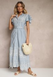 Niebieska Rozkloszowana Sukienka w Stylu Boho z Paskiem Zdobiona Haftem Falbanami Vallsara. Niebieskie sukienki damskie Renee, na co dzień, na lato, z aplikacjami, boho, bez kołnierzyka, bez ramiączek, maxi, kopertowe. Za 139.99 zł.