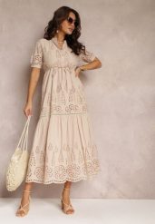 Beżowa Haftowana Sukienka Bawełniana ze Ściągaczem w Talii Ineryna. Brązowe sukienki damskie Renee, na lato, l, bez wzorów, z bawełny, boho, bez kołnierzyka, bez ramiączek, maxi. Za 209.99 zł.