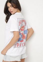 Biało-Niebieski Bawełniany T-shirt Typu Oversize z Nadrukiem i Napisem Fillana. Białe t-shirty damskie Born2be, uniwersalny, bez wzorów, z bawełny, bez kołnierzyka, bez ramiączek. Za 49.99 zł.