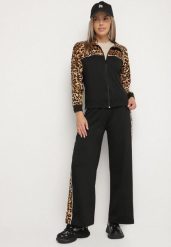 Czarny Komplet Dresowy Bluza ze Stójką i Szerokie Spodnie w Panterkę Savorre. Czarne bluzy damskie Born2be, l, bez wzorów, z dresówki, klasyczne, bez ramiączek, bez kaptura. Za 79.99 zł.