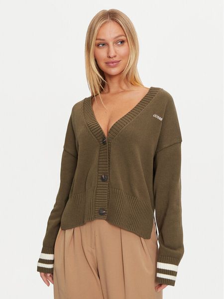 Guess Jeans Kardigan W4BR81 Z3HM1 Khaki Regular Fit. Brązowe kardigany damskie Guess Jeans, m, z aplikacjami, z bawełny, bez kołnierzyka. Za 229.99 zł.