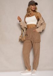 Brązowe Spodnie Typu Cargo High Waist Worseli. Brązowe spodnie materiałowe damskie Renee, bez wzorów, z jeansu, eleganckie, z podwyższonym stanem. Za 39.99 zł.