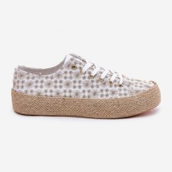 Wzorzyste Trampki Damskie Na Platformie Z Plecionką Lee Cooper LCW-25-08-3648L Biało-Złote białe. Białe trampki i tenisówki damskie bez wzorów, z materiału, bez zapięcia. Za 197.76 zł.