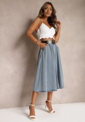 Niebieska Rozkloszowana Spódnica Jeansowa Midi z Paskiem Wendlla. Niebieskie spódnice damskie Renee, l, bez wzorów, z jeansu, midi, rozkloszowane. Za 159.99 zł.