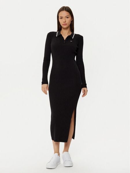 Tommy Jeans Sukienka dzianinowa DW0DW19476 Czarny Slim Fit. Czarne sukienki damskie Tommy Jeans, m, bez wzorów, z bawełny, bez kołnierzyka, bez ramiączek. Za 309.99 zł.