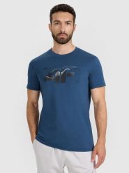 4F T-shirt regular z nadrukiem męski - turkusowy L. Niebieskie t-shirty męskie 4F, l, bez wzorów, z bawełny, bez kołnierzyka, bez ramiączek. Za 59.99 zł.