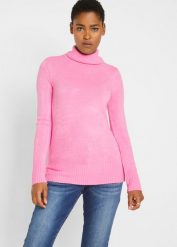 Sweter basic z golfem. Czarne swetry nierozpinane damskie bonprix, bez wzorów, bez kołnierzyka, bez ramiączek. Za 64.99 zł.