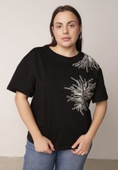 Czarny T-shirt Bawełniany z Ozdobnymi Cekinami Greyfeather. Czarne t-shirty damskie Born2be, plus size, bez wzorów, z bawełny, biznesowe, bez kołnierzyka, bez ramiączek. Za 59.99 zł.