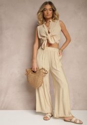 Beżowe Spodnie Palazzo o Szerokim Kroju High Waist Lislevia. Brązowe spodnie materiałowe damskie Renee, bez wzorów, z jeansu, eleganckie, z podwyższonym stanem. Za 39.99 zł.