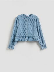 Jeansowa marynarka w groszki - niebieski. Niebieskie marynarki i żakiety damskie Reserved, bez wzorów, z denimu, bez kołnierzyka, bez ramiączek. Za 129.99 zł.