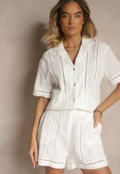 Białe Szorty z Bawełny High Waist Ozdobione Geometrycznym Wzorem Galessira. Białe szorty damskie Renee, bez wzorów, z bawełny, eleganckie, z podwyższonym stanem. Za 54.99 zł.
