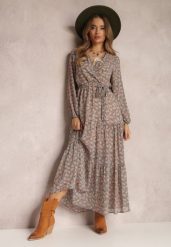 Beżowo-Granatowa Sukienka Maxi Boho Edei. Brązowe sukienki damskie Renee, l, bez wzorów, z tkaniny, boho, bez kołnierzyka, bez ramiączek, maxi, kopertowe. Za 59.99 zł.
