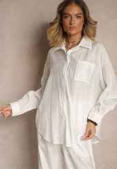 Biała Koszula Oversize w Klasycznym Stylu z Kieszonką Liozira. Białe koszule damskie Renee, l, bez wzorów, biznesowe, bez kołnierzyka, bez ramiączek. Za 84.99 zł.