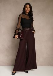 Bordowe Szerokie Garniturowe Spodnie z Bawełny High Waist Ozdobione Paskiem Tusneva. Czerwone spodnie materiałowe damskie Renee, bez wzorów, z bawełny, eleganckie, z podwyższonym stanem. Za 129.99 zł.