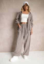 Szare Bawełniane Spodnie High Waist o Szerokim Kroju Velili. Szare spodnie materiałowe damskie Renee, bez wzorów, z bawełny, eleganckie, z podwyższonym stanem. Za 119.99 zł.