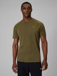 4F Koszulka trekkingowa z wełną merino męska - khaki XL. Brązowe t-shirty męskie 4F, l, bez wzorów, z wełny, bez kołnierzyka, bez ramiączek. Za 199.99 zł.