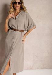 Ciemnobeżowa Muślinowa Sukienka z Bawełny o Pudełkowym Kroju Vimaristta. Brązowe sukienki damskie Renee, bez wzorów, z bawełny, eleganckie, bez kołnierzyka, bez ramiączek, maxi. Za 129.99 zł.